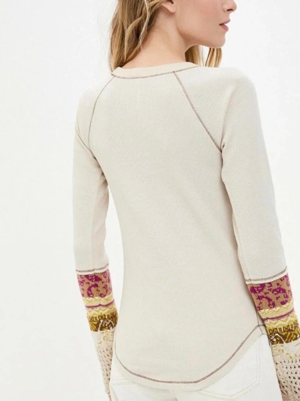 NFS Free People In The Mix Cuff Thermal Top Cream Linen Combo Knit Sz Small